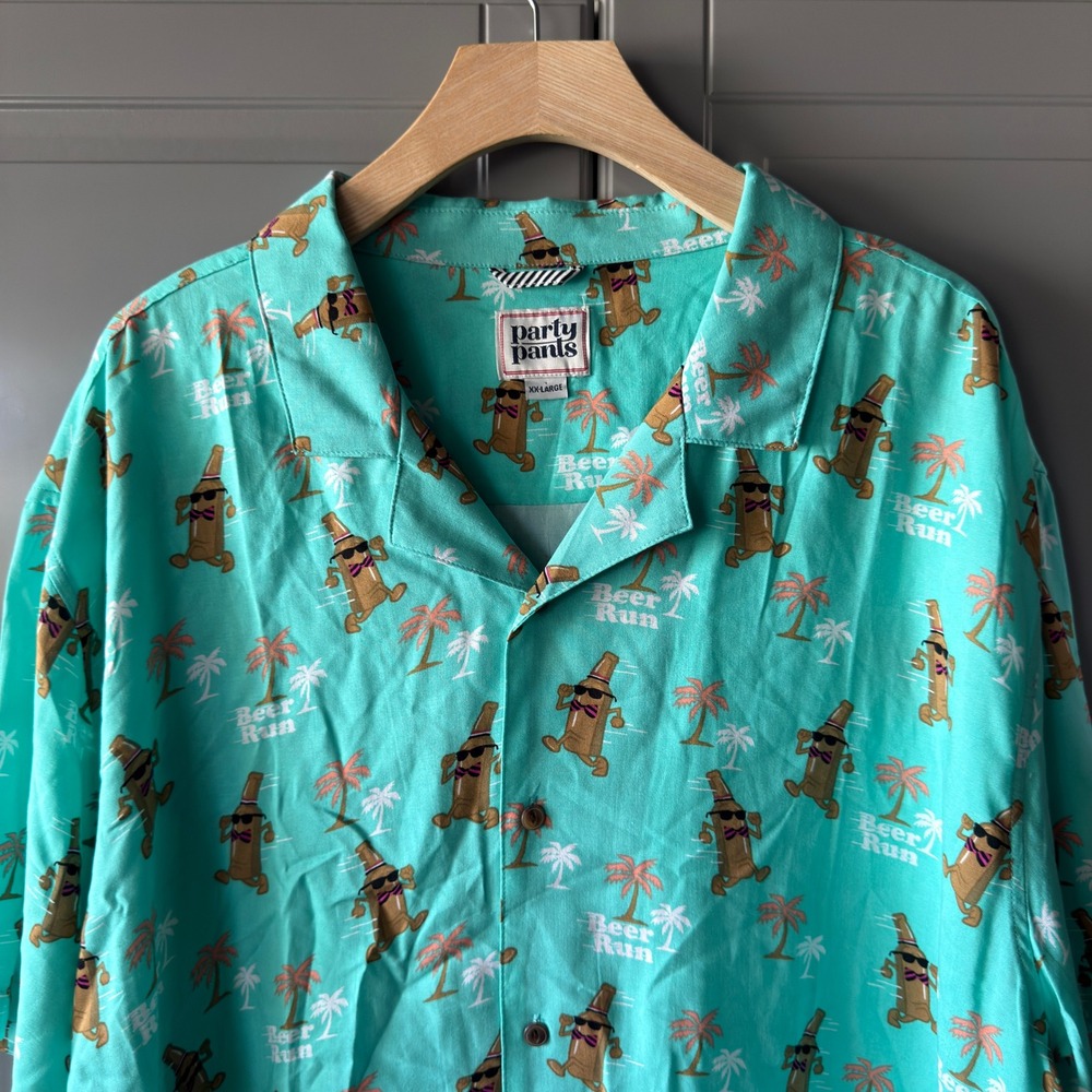 Party Pants Men's Beer‎ Run Short Sleeve Camp Collar Shirt, Mint, XXL